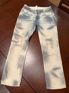 Simon Chang Faded Light Blue rhinestone Slim Straight Jeans